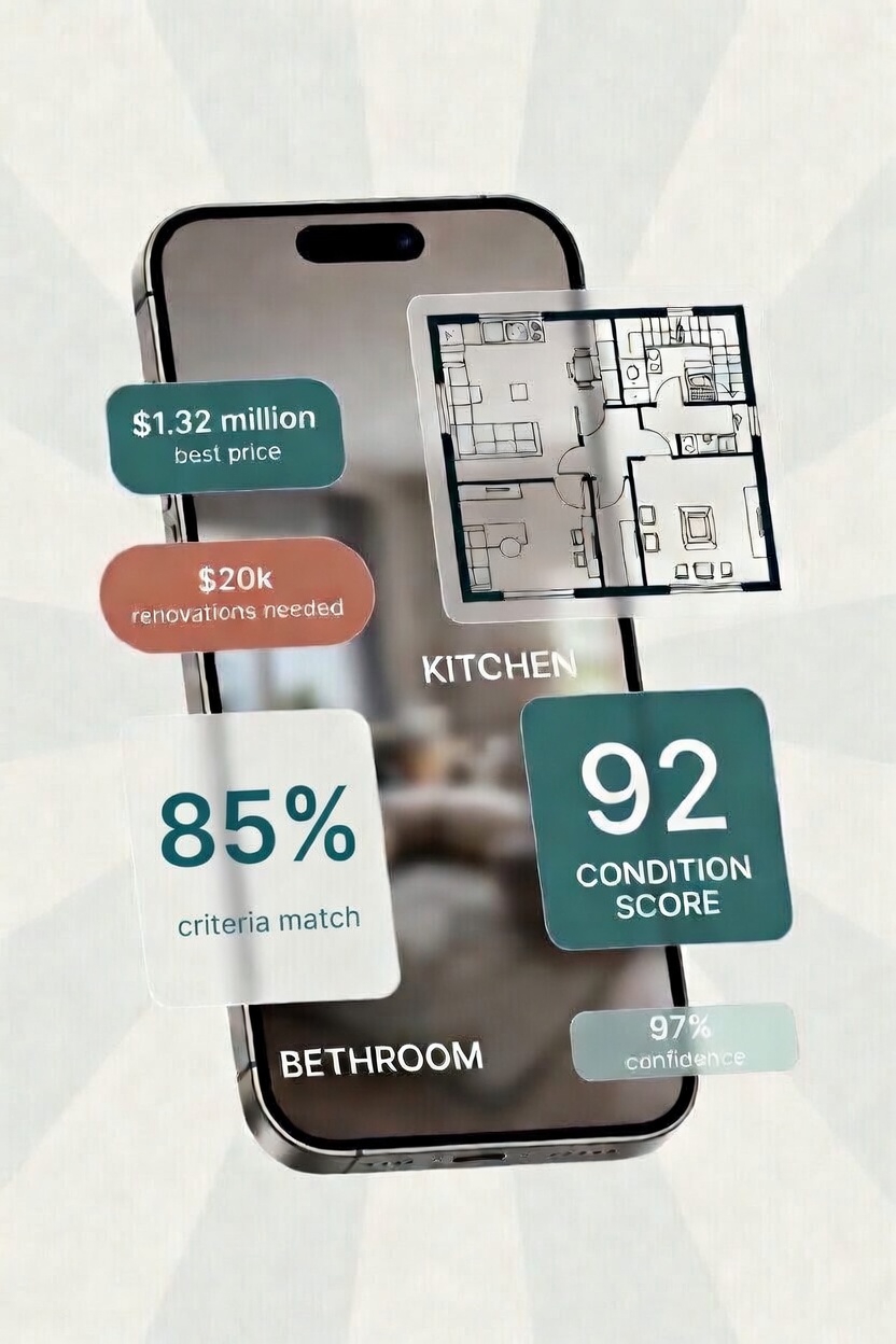 RealtyLens app on iPhone showing floor plan, condition score, and property valuation
